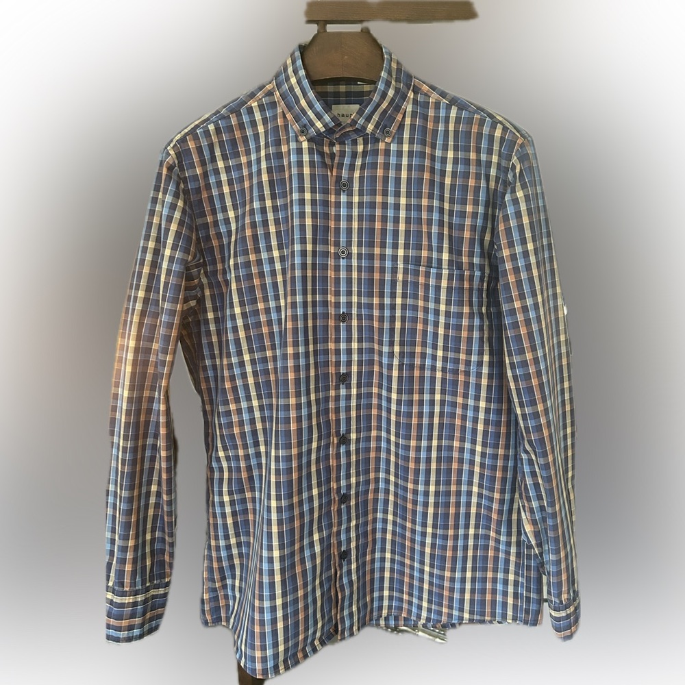 haupt size medium button down checkered beige, and blue